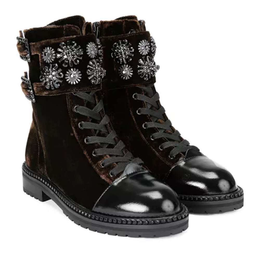 Kurt Geiger London Embellished Combat Boots Velvet Leather Buckle - Picture 2 of 8